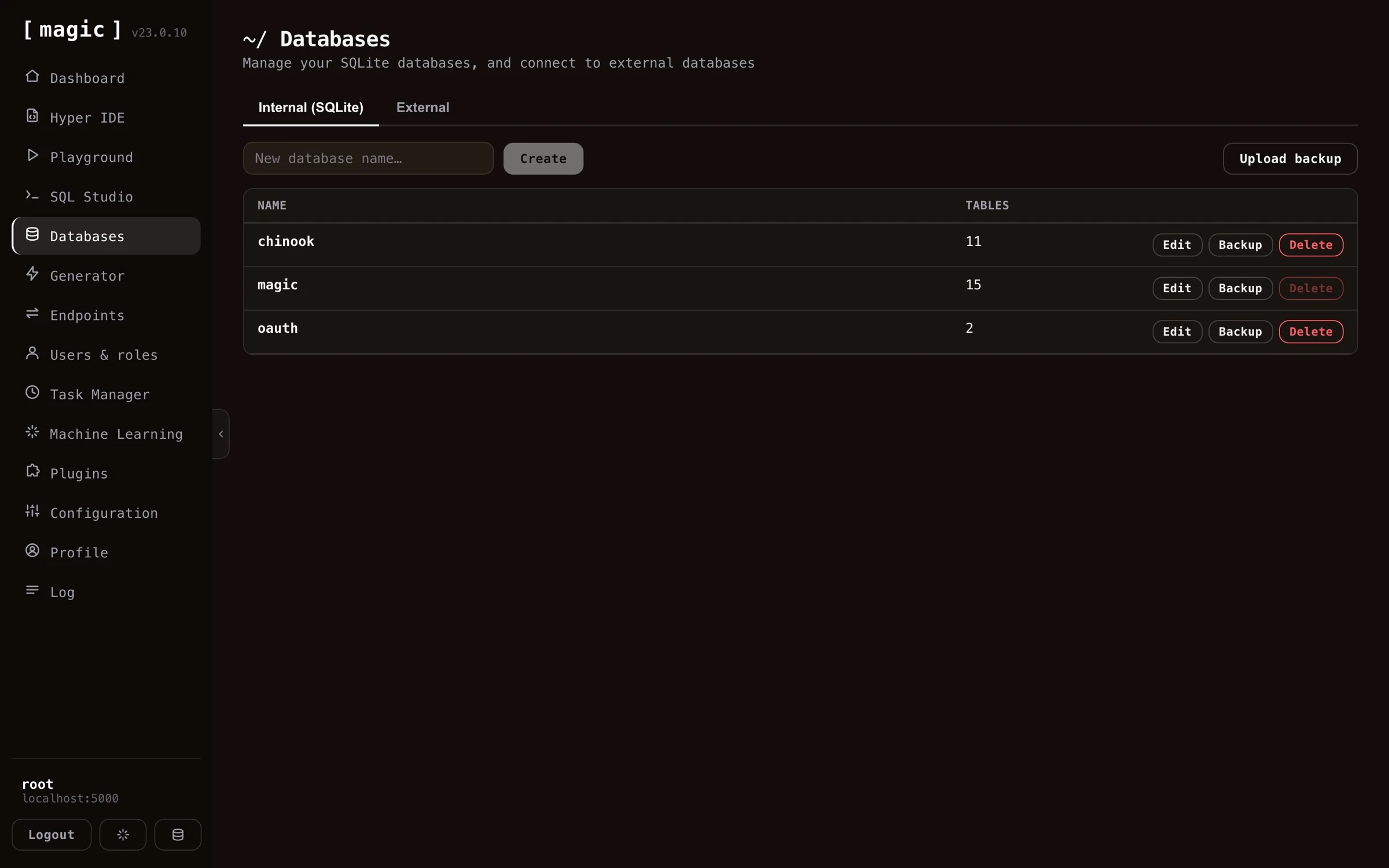 Screenshot of the databases component