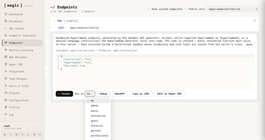 Screenshot of the Run as dropdown next to Invoke, listing the roles of the cloudlet