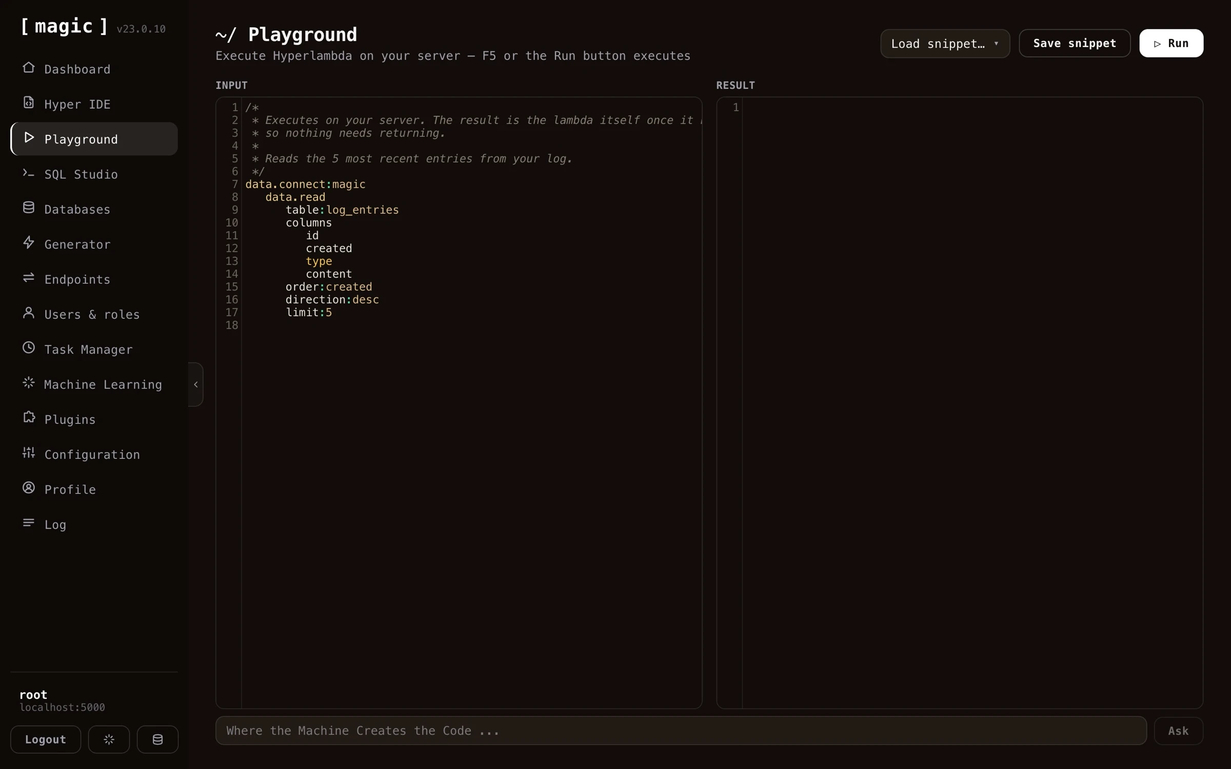 Screenshot of executing Hyperlambda in the Hyperlambda Playground