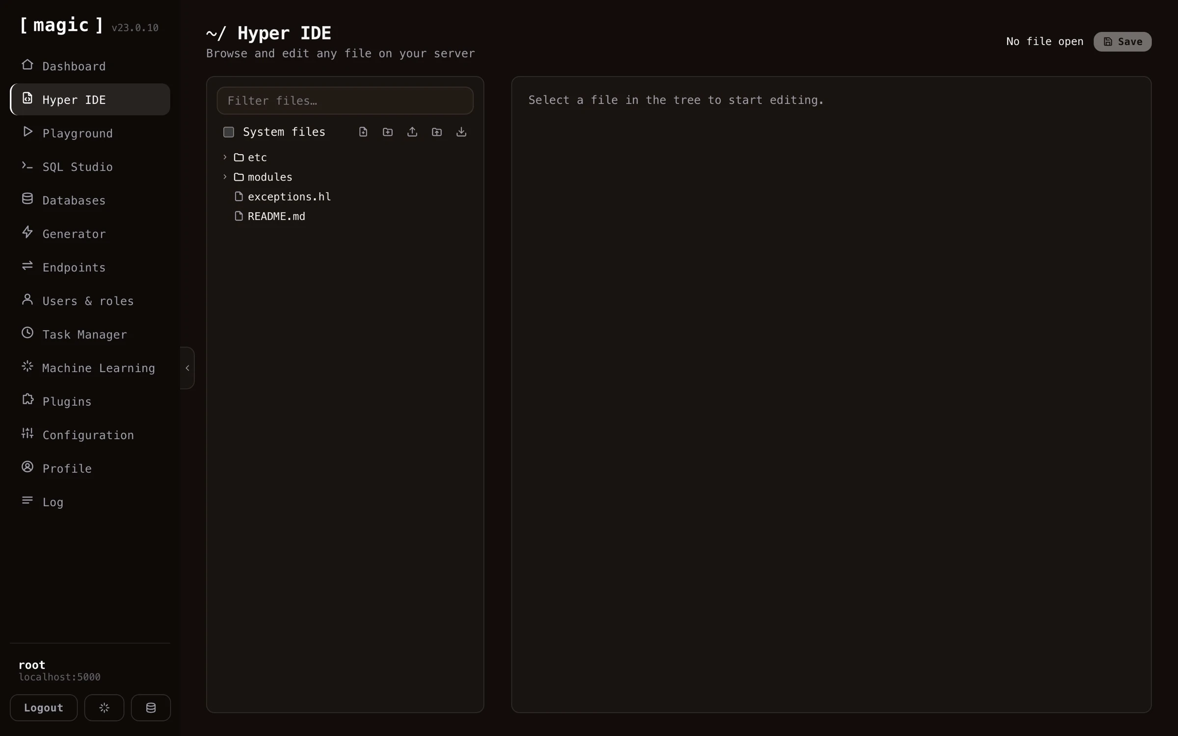 Screenshot of Magic's Hyper IDE with autocomplete open for Hyperlambda slots