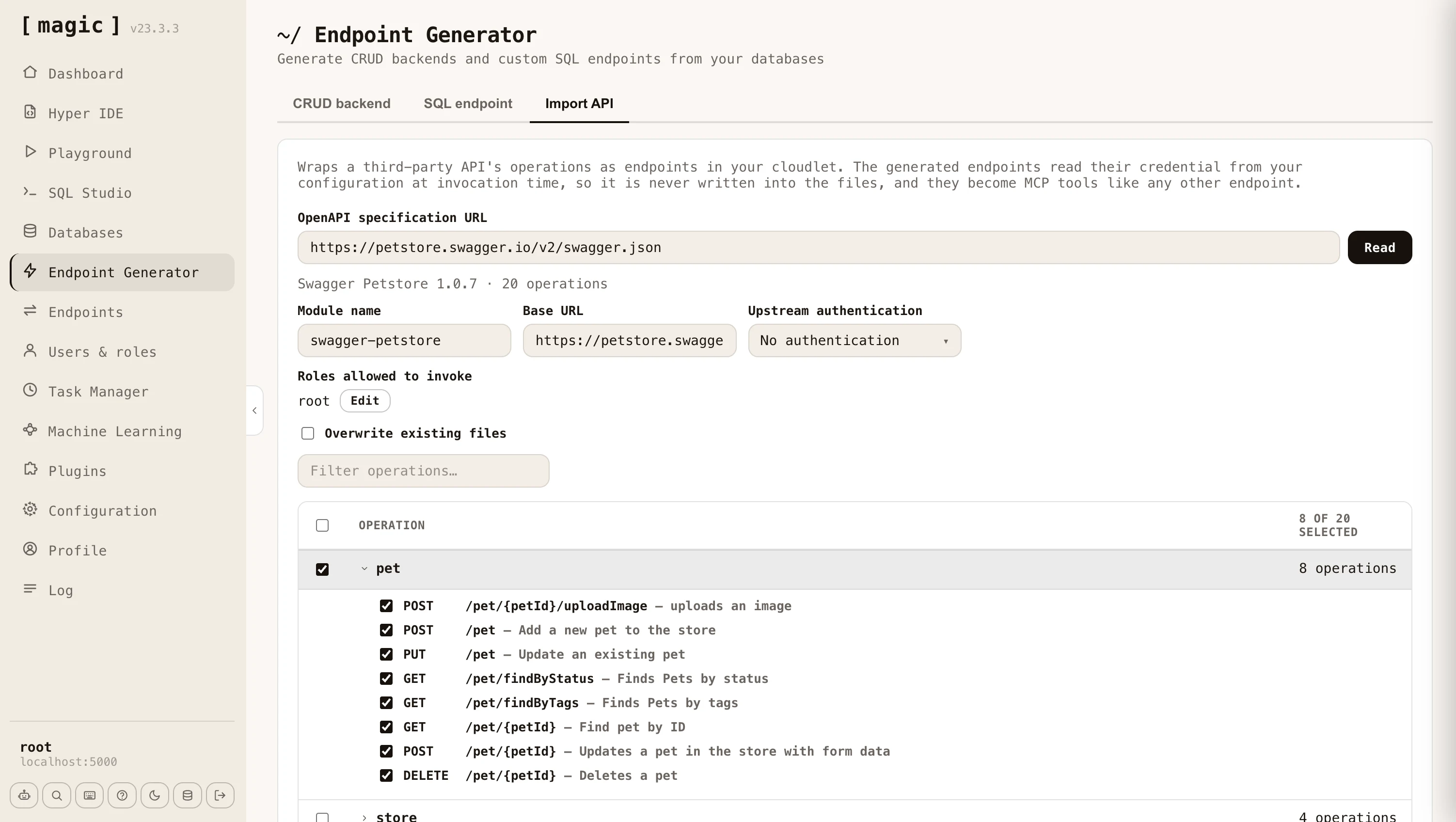 Screenshot of the Import API tab reading an OpenAPI specification and selecting which operations to wrap
