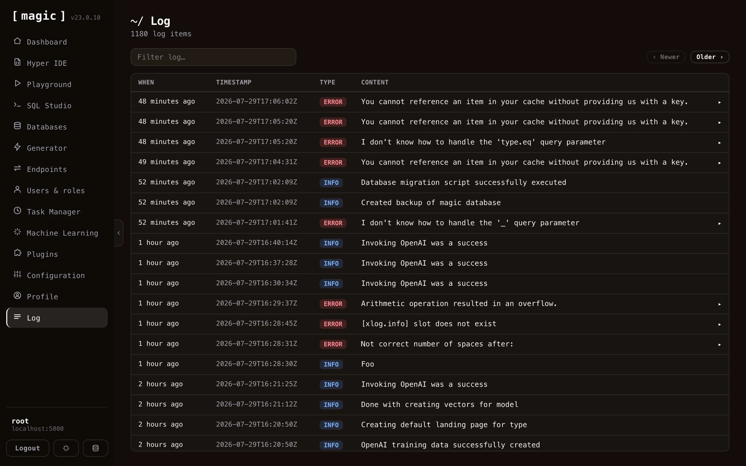 Screenshot of Magic's integrated log component