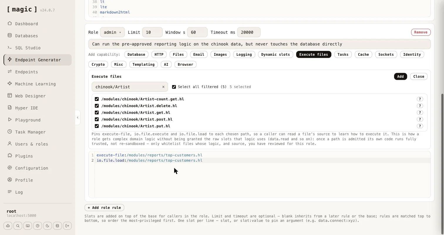 Screenshot of the Execute files wizard filtered to the Artist endpoints with Select all filtered ticked