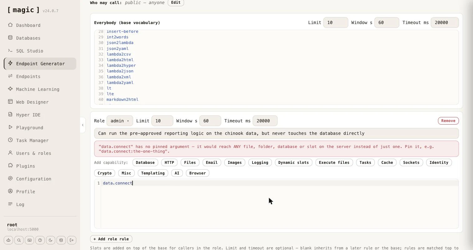 Screenshot of the warning shown when data.connect is granted without a pinned database