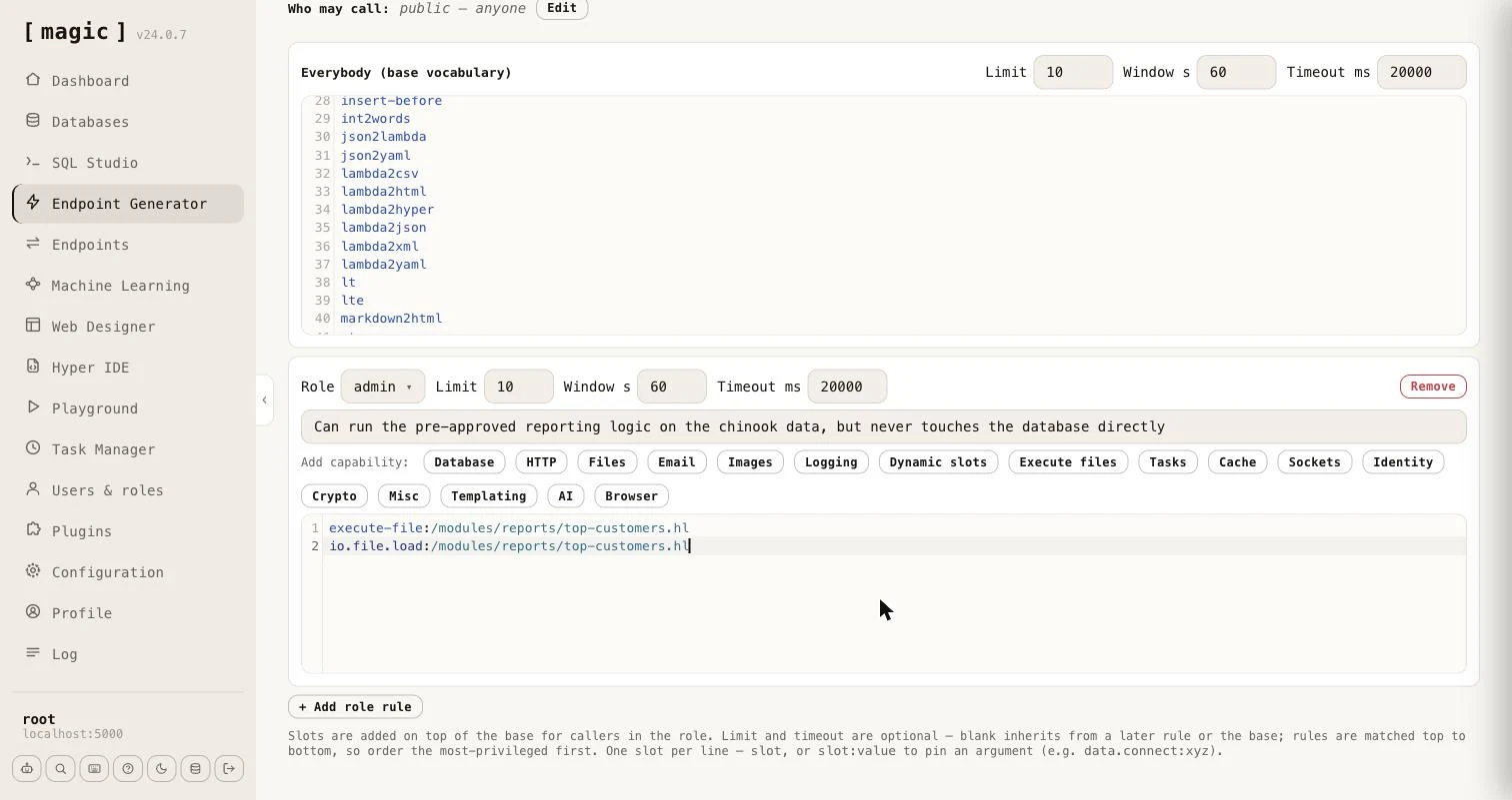Screenshot of a role rule in the Sandbox API tab, with a description and a pinned execute-file and io.file.load grant