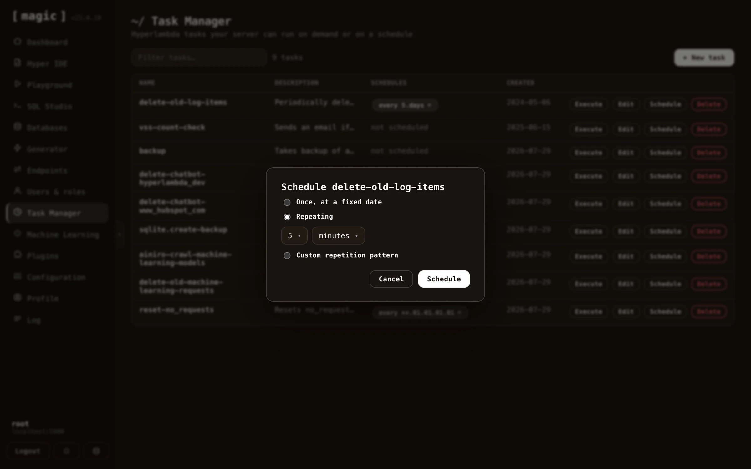 Screenshot of creating a Hyperlambda task in the Task Manager