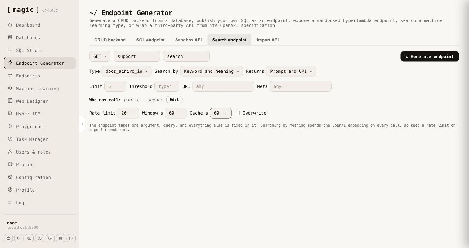 Screenshot of the Search endpoint tab with a type, a search mode and a cache duration chosen