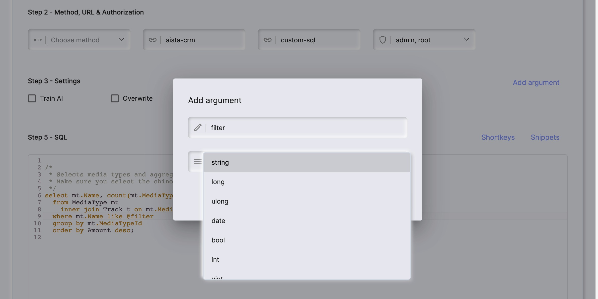 Screenshot of how to declare an argument to your SQL endpoint inthe Backend Generator