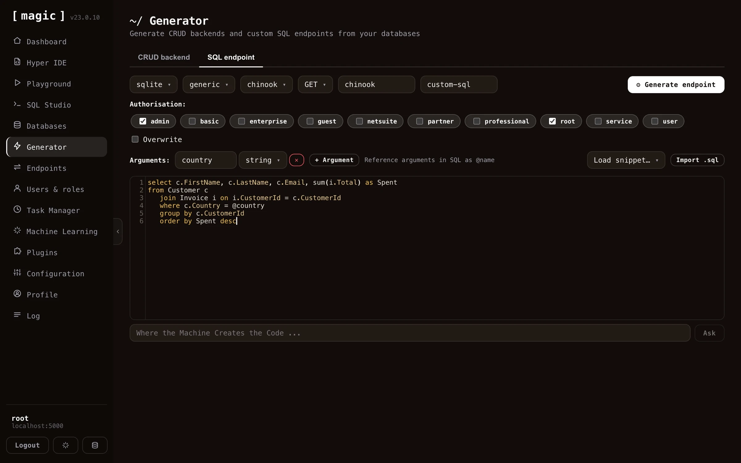 Screenshot of how to declare an argument to your SQL endpoint in the Endpoint Generator