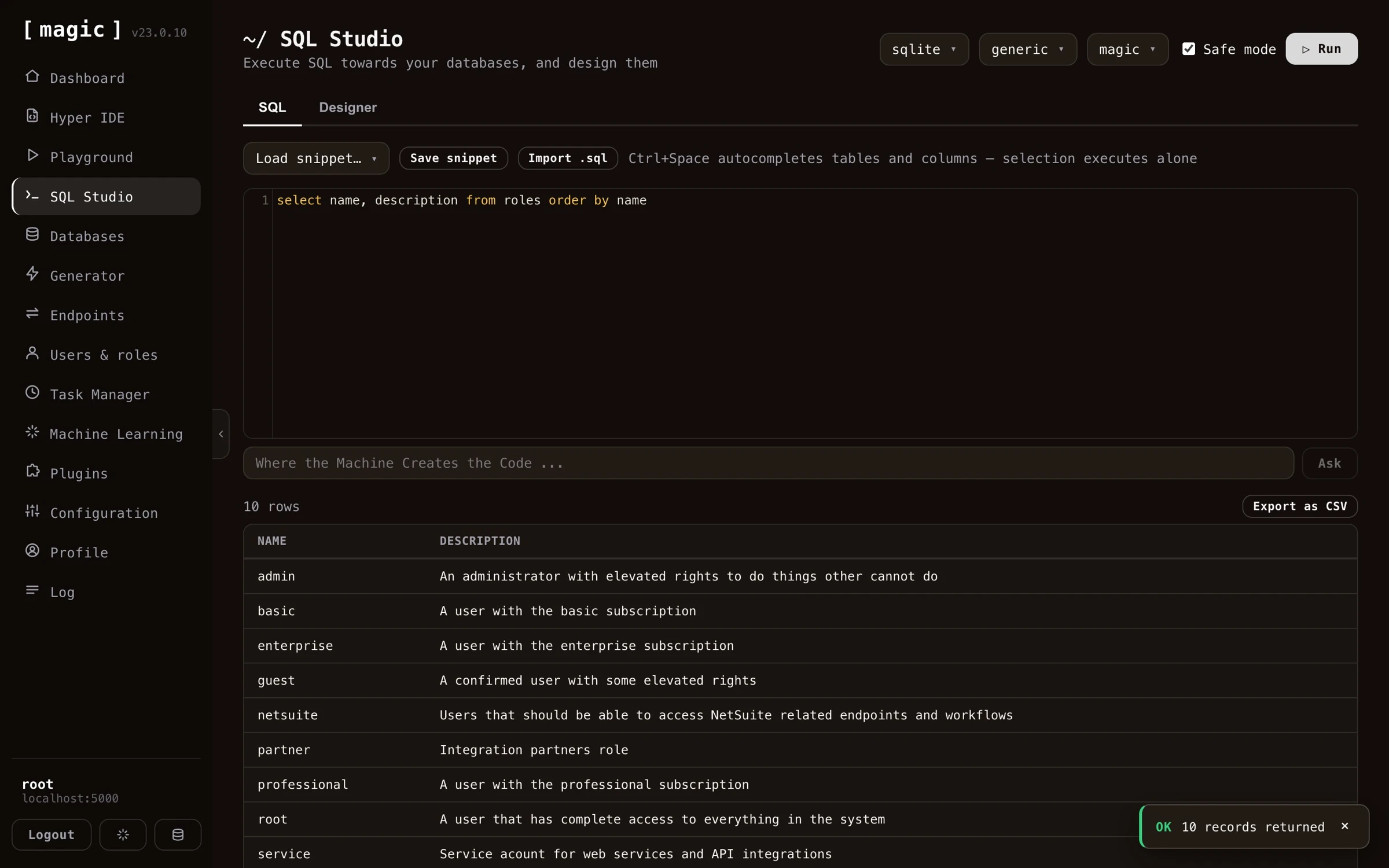Screenshot of SQL Studio while executing an arbitrary SQL statement