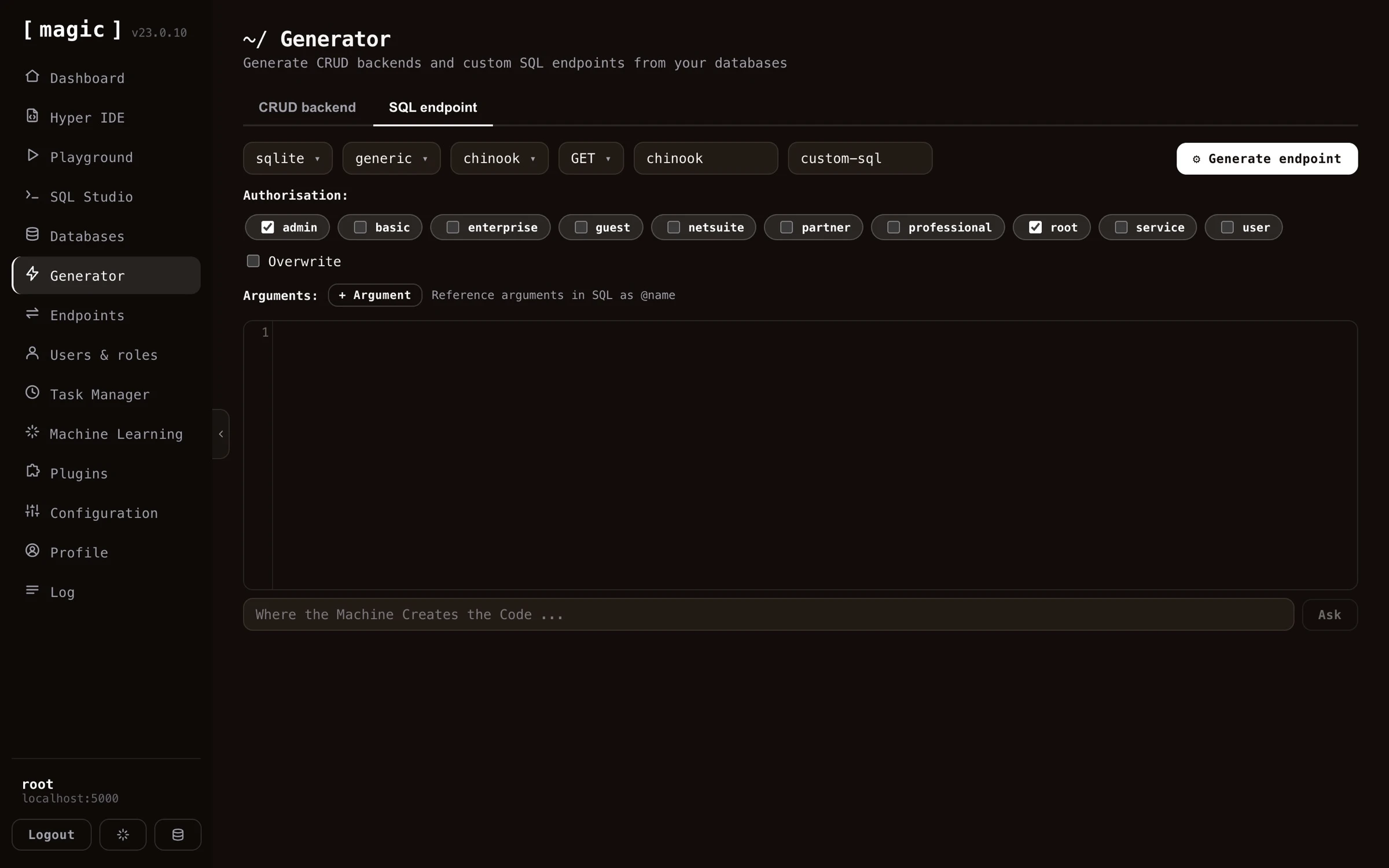 Screenshot of the SQL Endpoint Generator allowing you to create HTTP endpoints with SQL