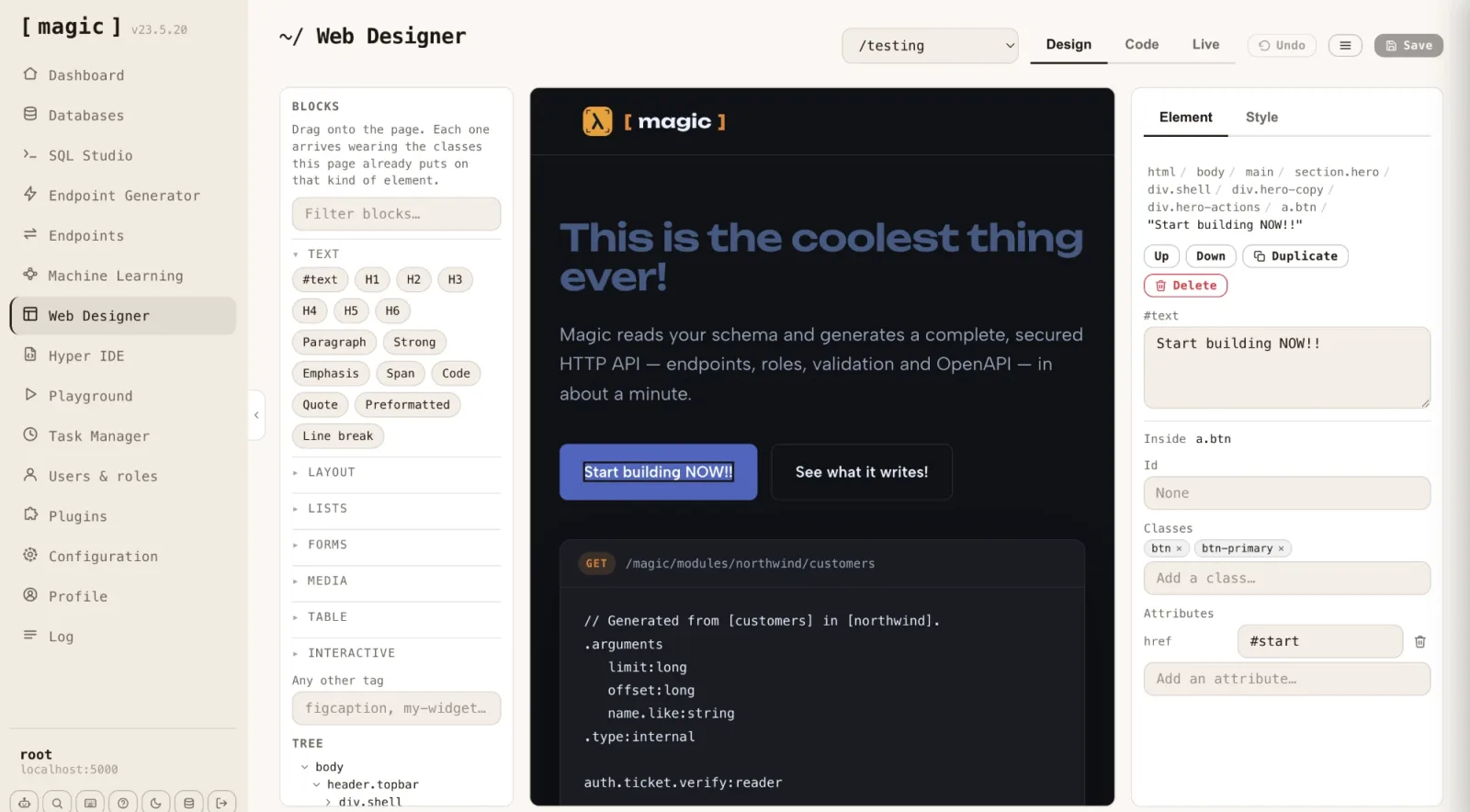 Screenshot of Web Designer editing a page, with the block palette and DOM tree on the left, the page in the middle, and the selected element's attributes on the right